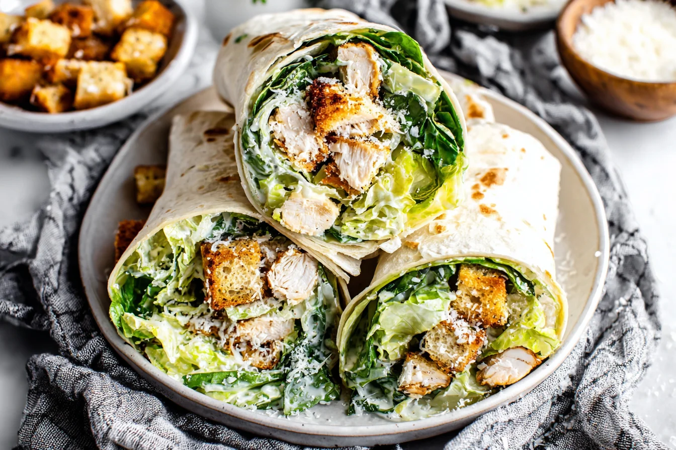Chicken Caesar Wrap served on plate with Parmesan cheese and fresh greens