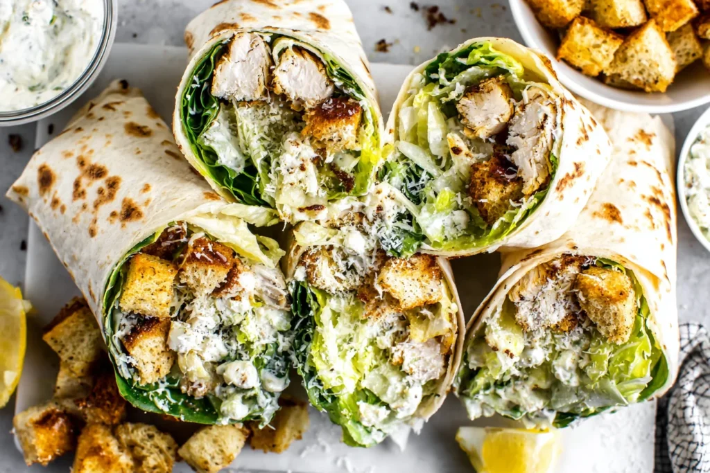 Chicken Caesar Wrap halves with crispy croutons and creamy Caesar dressing filling