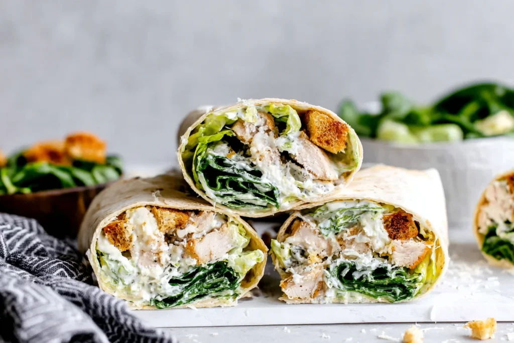 Chicken Caesar Wrap cut in half showing creamy filling and grilled chicken
