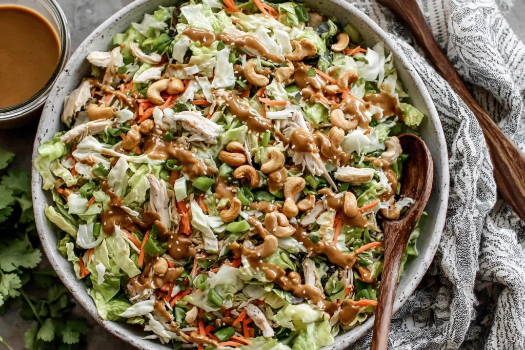 Chicken Cashew Crunch Salad with napa cabbage, carrots, and cashews drizzled with sesame dressing