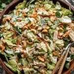 Chicken Cashew Crunch Salad with sesame dressing, shredded chicken, cabbage, and cashews in a wooden bowl