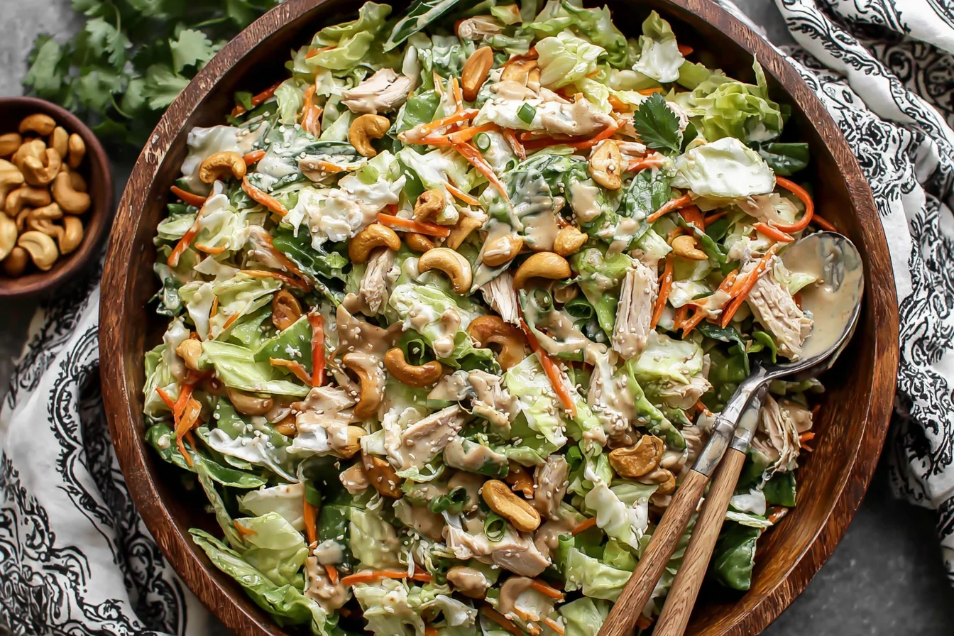 Chicken Cashew Crunch Salad with sesame dressing, shredded chicken, cabbage, and cashews in a wooden bowl