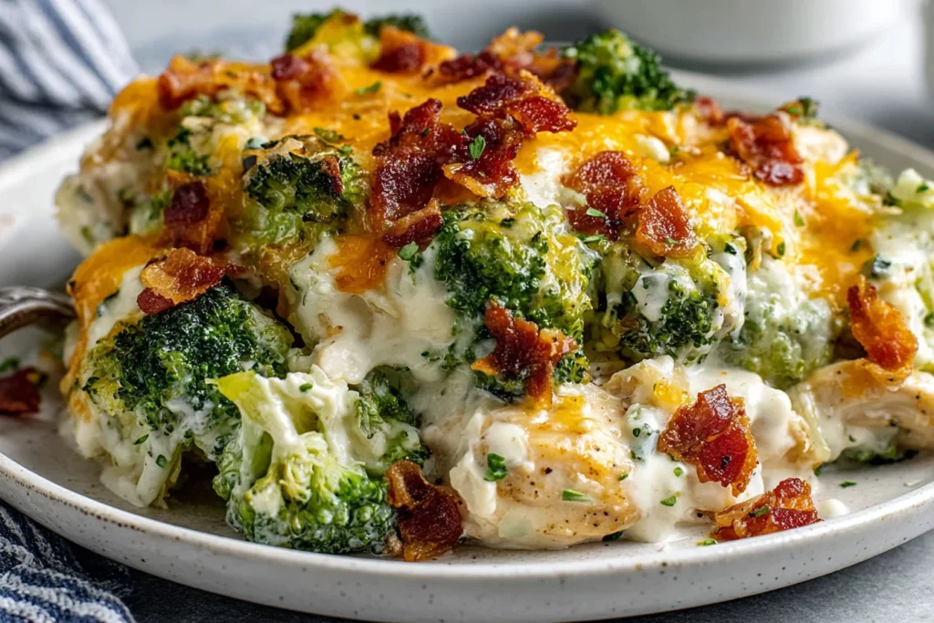 Close-up of Chicken Casserole with Broccoli and Bacon showing creamy texture and crispy bacon topping