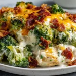 Close-up of Chicken Casserole with Broccoli and Bacon showing creamy texture and crispy bacon topping