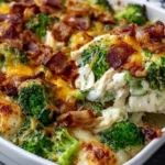 Chicken Casserole with Broccoli and Bacon Recipe scooped from baking dish with golden melted cheese and bacon