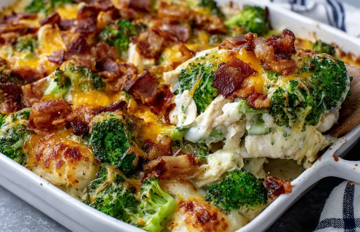 Chicken Casserole with Broccoli and Bacon Recipe scooped from baking dish with golden melted cheese and bacon