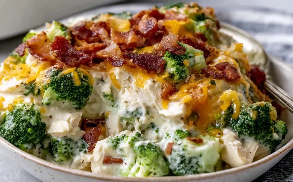 Creamy Chicken Casserole with Broccoli and Bacon Recipe served in a bowl with rich cheese sauce
