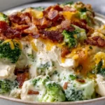 Creamy Chicken Casserole with Broccoli and Bacon Recipe served in a bowl with rich cheese sauce