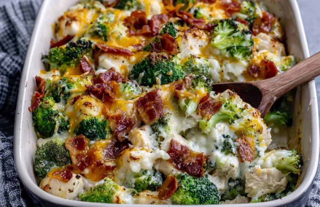 Chicken Casserole with Broccoli and Bacon Recipe baked with melted cheese and crispy bacon in a casserole dish