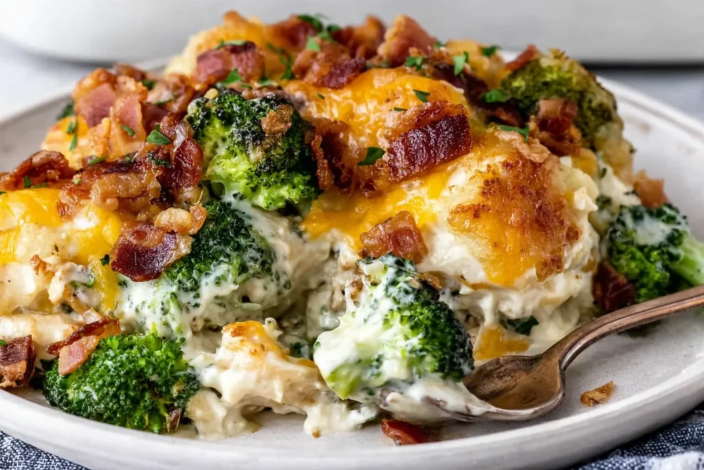 Creamy Chicken Casserole with Broccoli and Bacon served on a plate with melted cheese and bacon bits