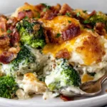 Creamy Chicken Casserole with Broccoli and Bacon served on a plate with melted cheese and bacon bits
