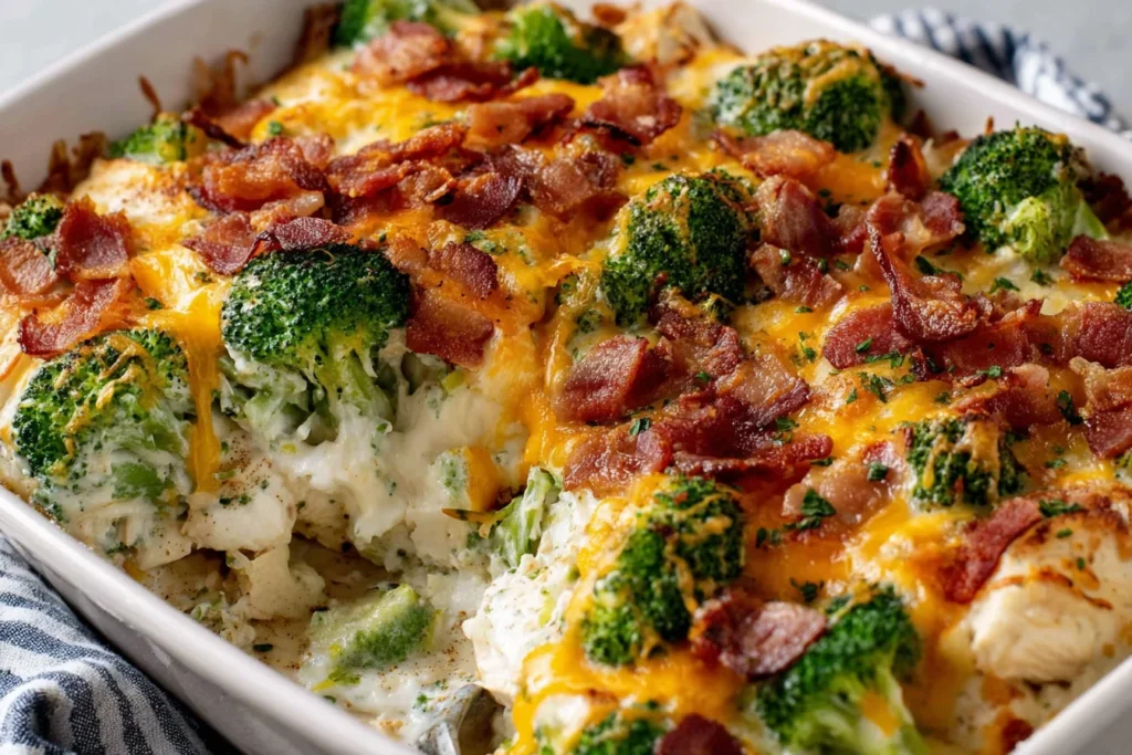 Chicken Casserole with Broccoli and Bacon baked with melted cheese and crispy bacon topping