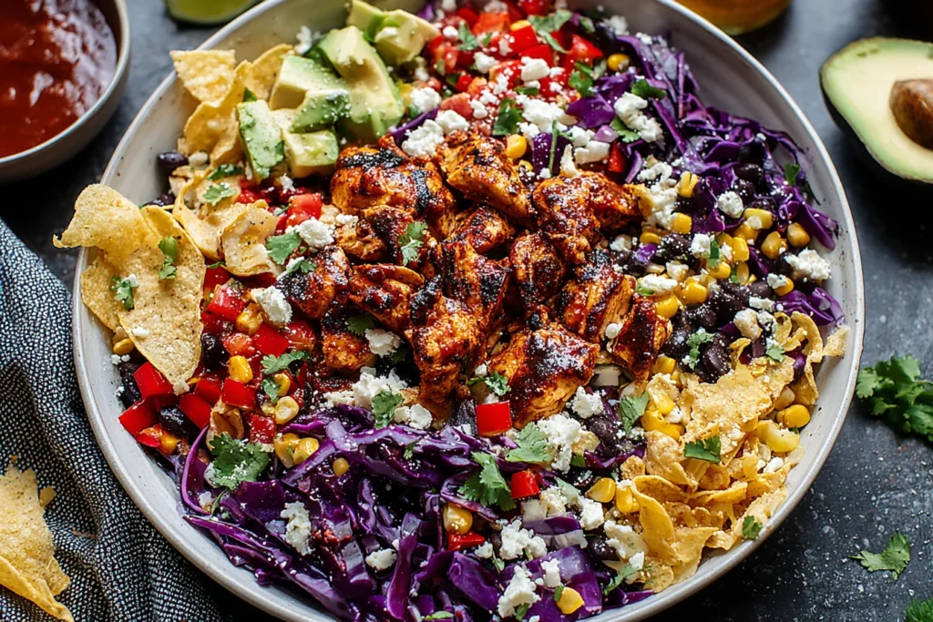 Chipotle Chicken Chopped Salad topped with tortilla chips, avocado, black beans, and chipotle vinaigrette