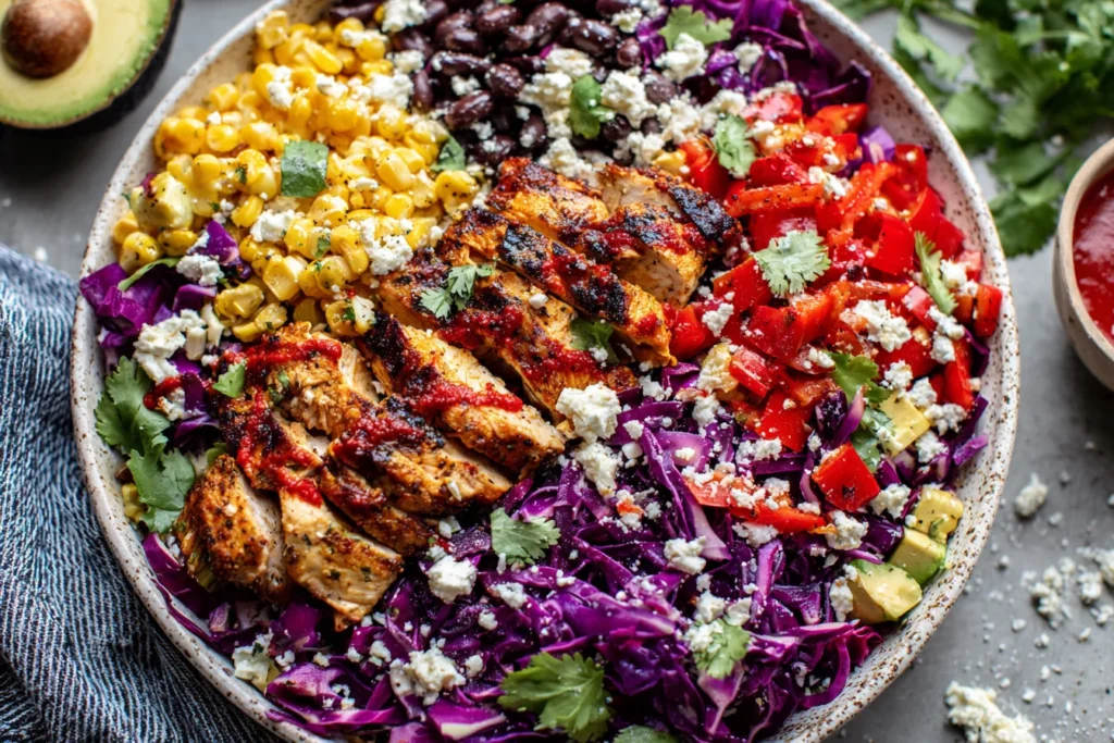 Close-up of Chipotle Chicken Chopped Salad with sliced chicken, red cabbage, corn, and crumbled cheese