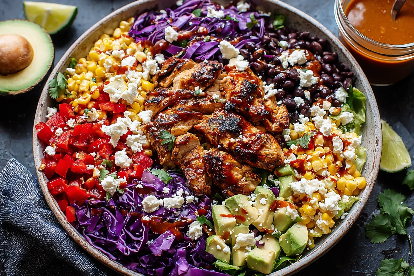 Chipotle Chicken Chopped Salad with grilled chicken, black beans, corn, avocado, and cotija cheese in a colorful bowl