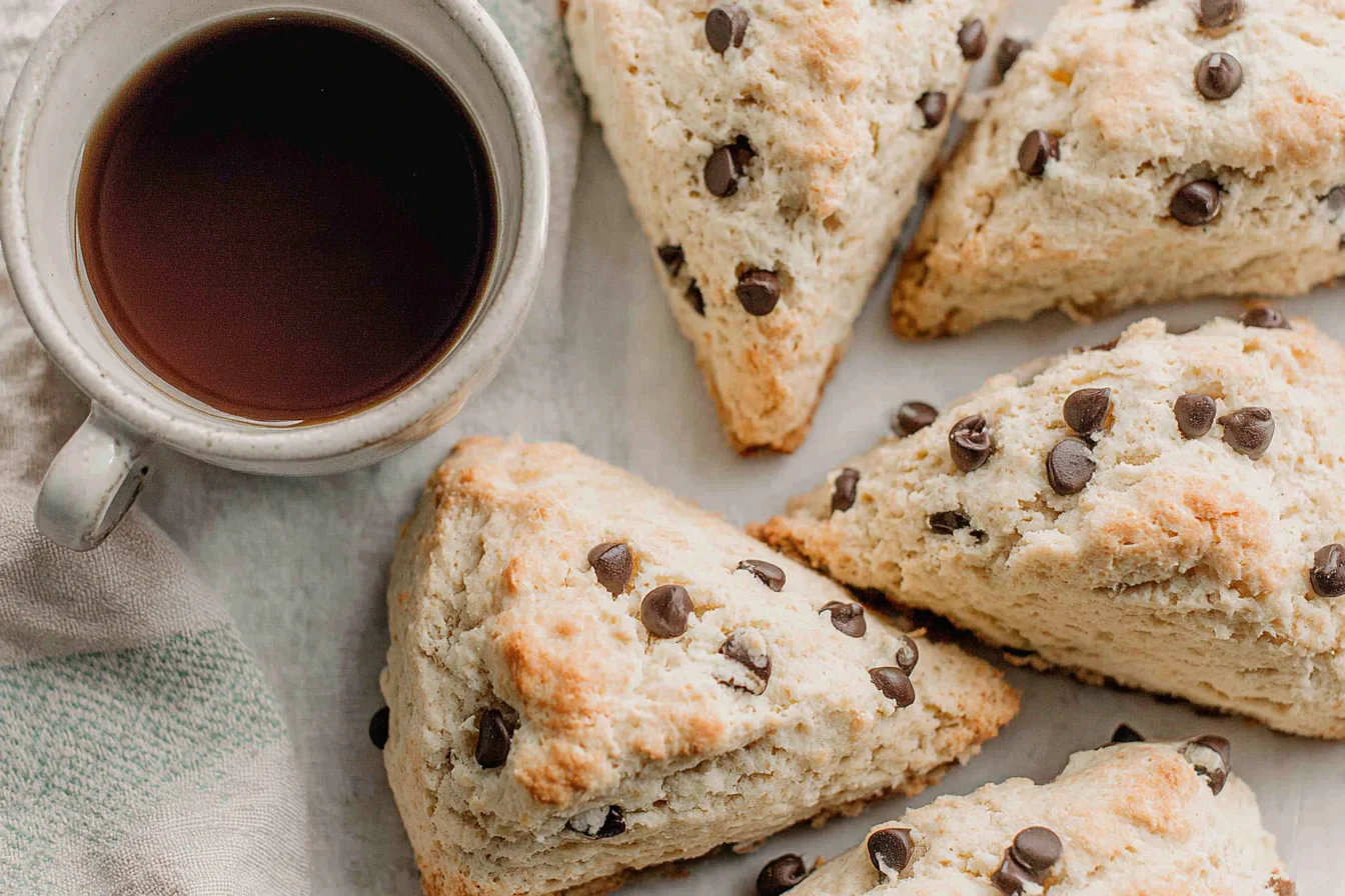Chocolate Chip Sourdough Scones served with coffee showing golden crumbly texture