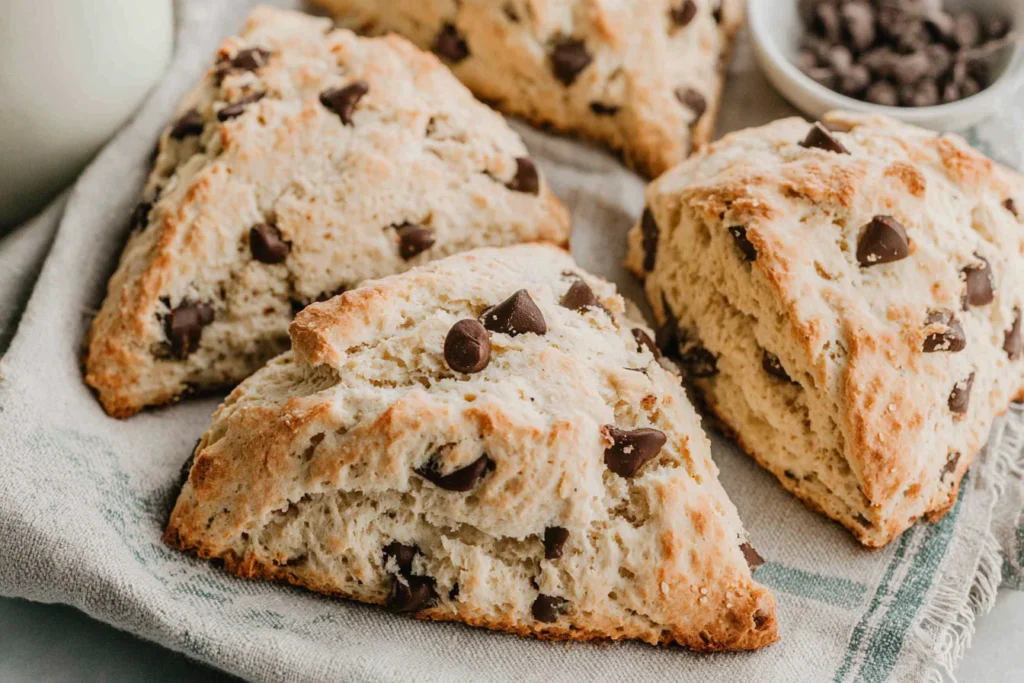 Chocolate Chip Sourdough Scones stacked with golden edges and soft interior