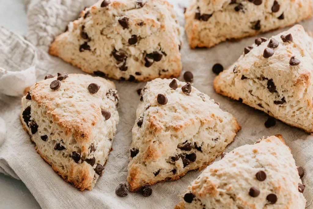 Chocolate Chip Sourdough Scones close up showing crumb texture and chocolate chips