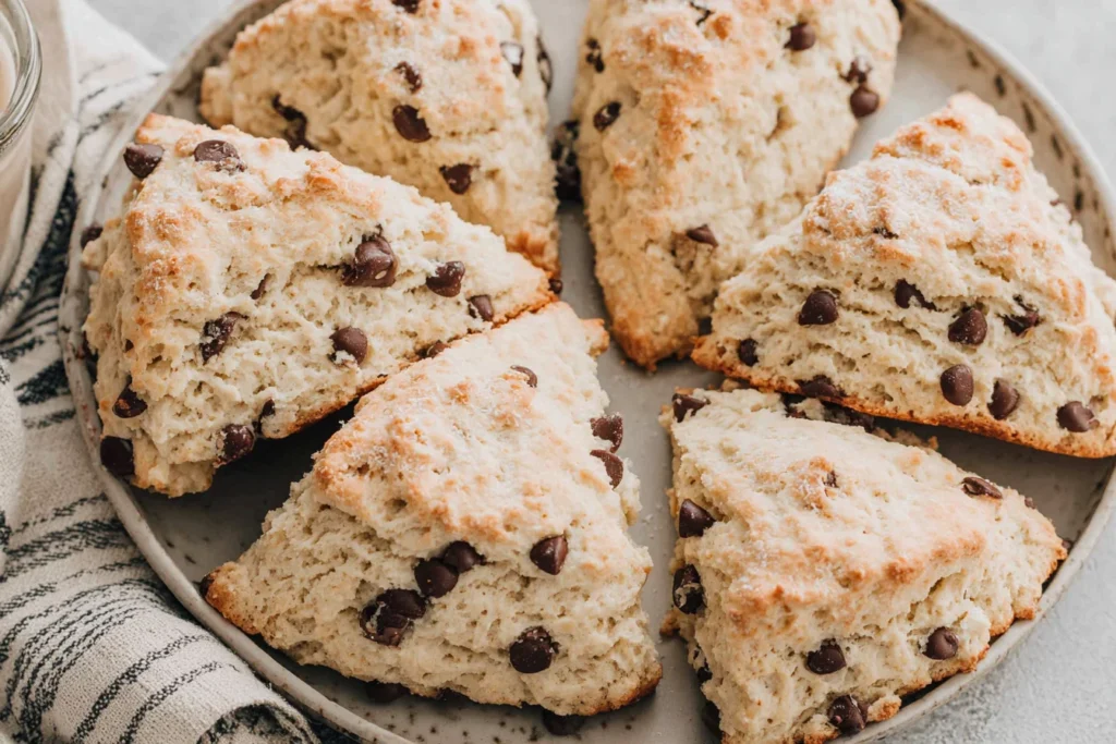 Chocolate Chip Sourdough Scones arranged on a plate with flaky layers and chocolate chips