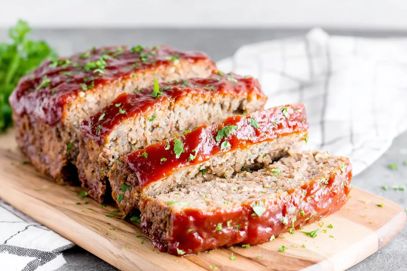 Classic Meatloaf slices with ketchup glaze on a rustic cutting board