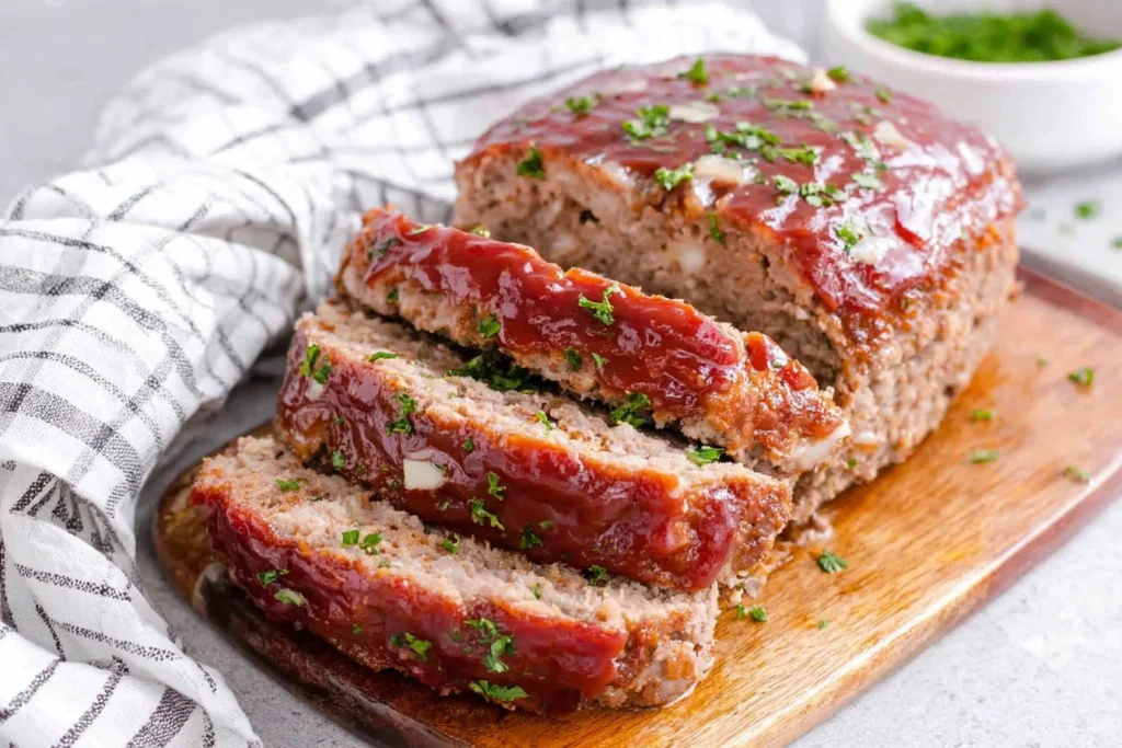 Classic Meatloaf sliced with rich glaze and herbs on a wooden board