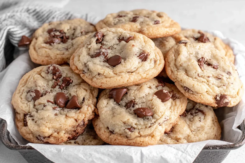 Classic Sourdough Discard Chocolate Chip Cookies stacked in a tray with melty chocolate chips