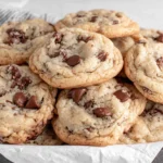 Classic Sourdough Discard Chocolate Chip Cookies stacked in a tray with melty chocolate chips