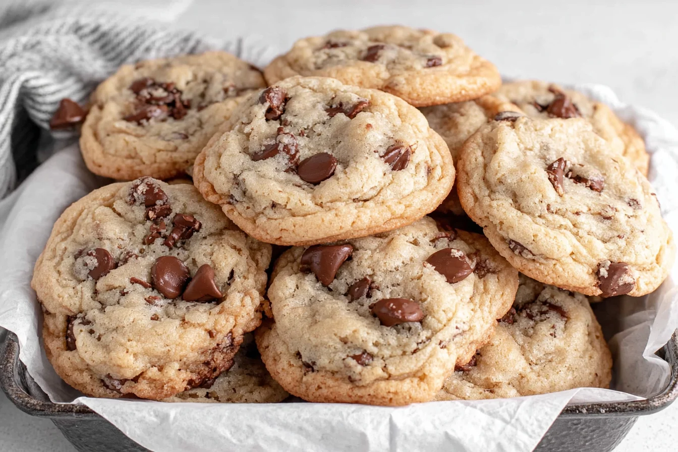 Classic Sourdough Discard Chocolate Chip Cookies stacked in a tray with melty chocolate chips