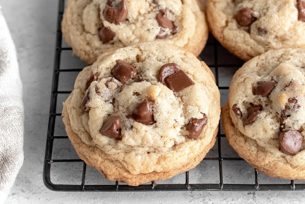 Classic Sourdough Discard Chocolate Chip Cookies cooling on a wire rack with soft centers