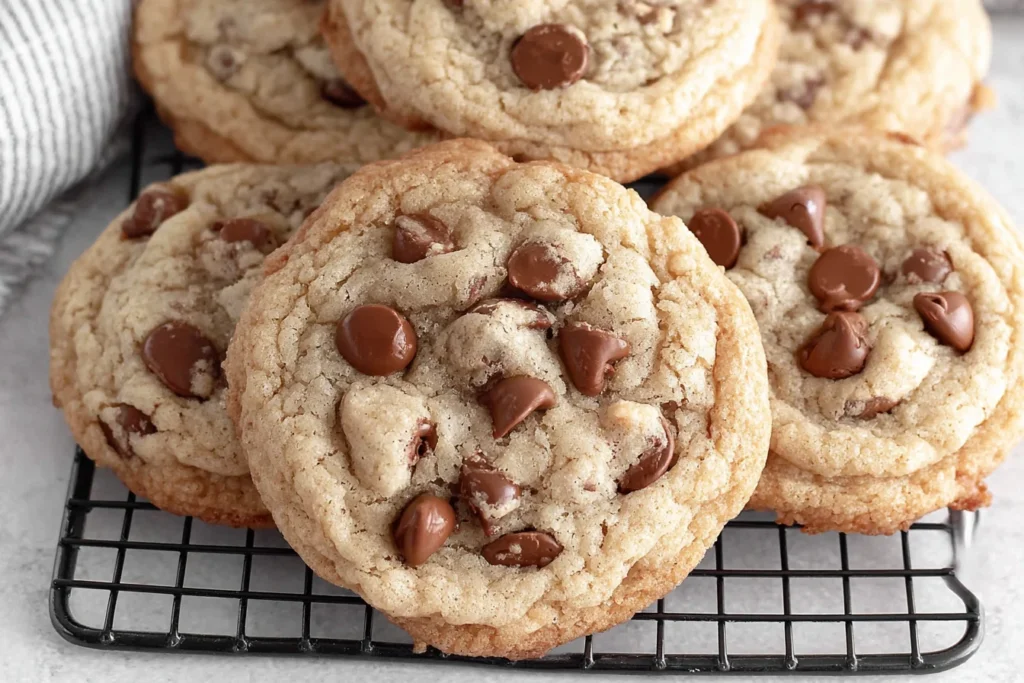 Close-up of Classic Sourdough Discard Chocolate Chip Cookies with golden edges and chocolate chips