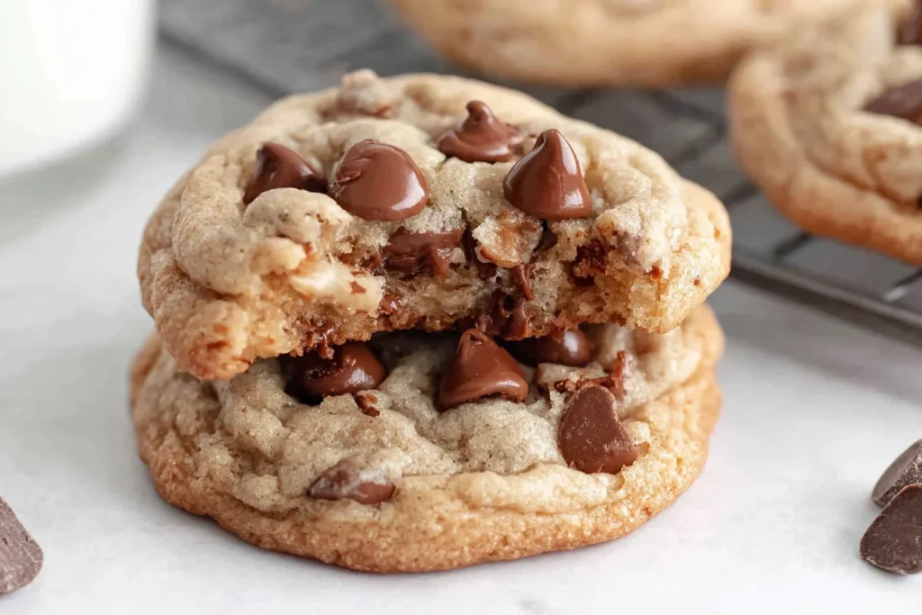 Classic Sourdough Discard Chocolate Chip Cookies broken open showing gooey chocolate center