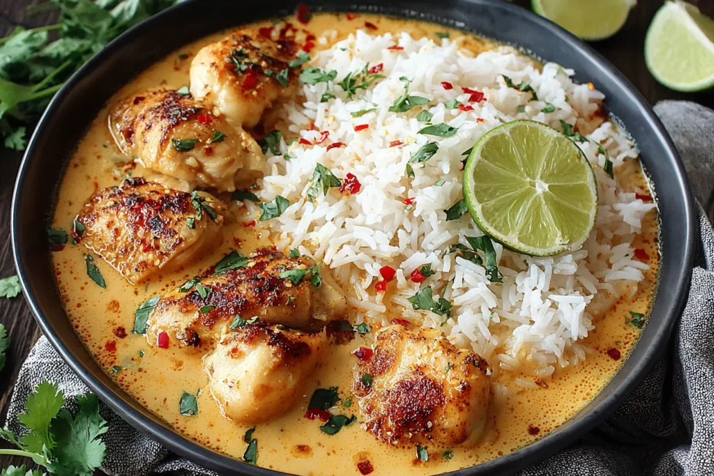 Coconut Chicken Brothy Rice served in a bowl with seasoned chicken, jasmine rice, lime slices, and fresh herbs