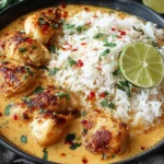 Coconut Chicken Brothy Rice served in a bowl with seasoned chicken, jasmine rice, lime slices, and fresh herbs