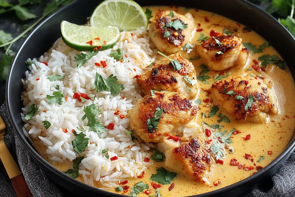 Coconut Chicken Brothy Rice with creamy coconut sauce, tender chicken, and fluffy white rice topped with lime and cilantro