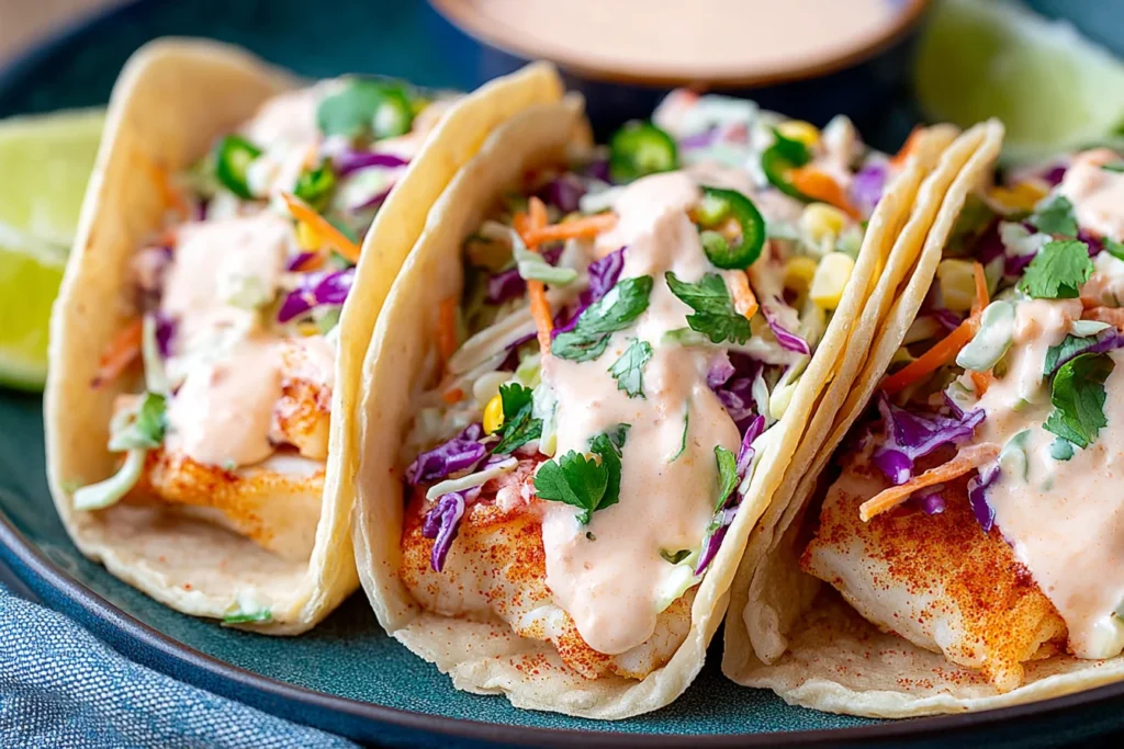 Cod Fish Tacos topped with creamy sauce, shredded cabbage, carrots, and fresh cilantro
