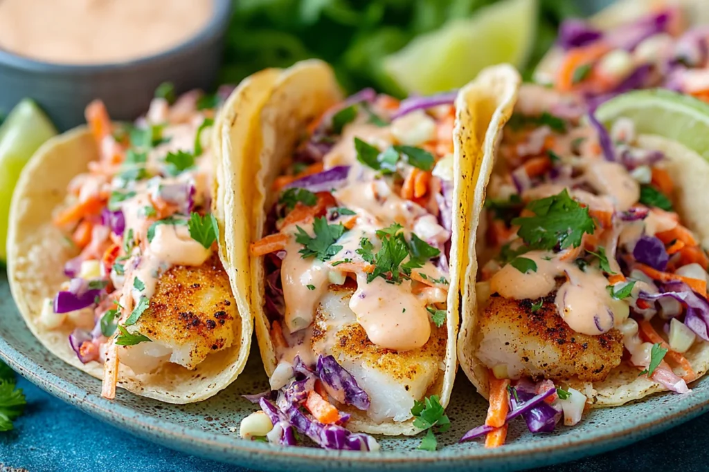 Close-up of Cod Fish Tacos with flaky fish, purple cabbage slaw, and creamy taco sauce