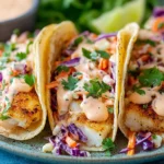 Close-up of Cod Fish Tacos with flaky fish, purple cabbage slaw, and creamy taco sauce