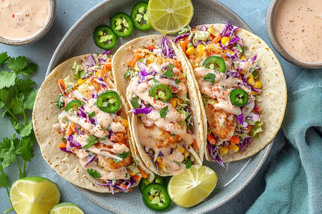 Cod Fish Tacos with creamy sauce, cilantro slaw, and jalapeños on corn tortillas