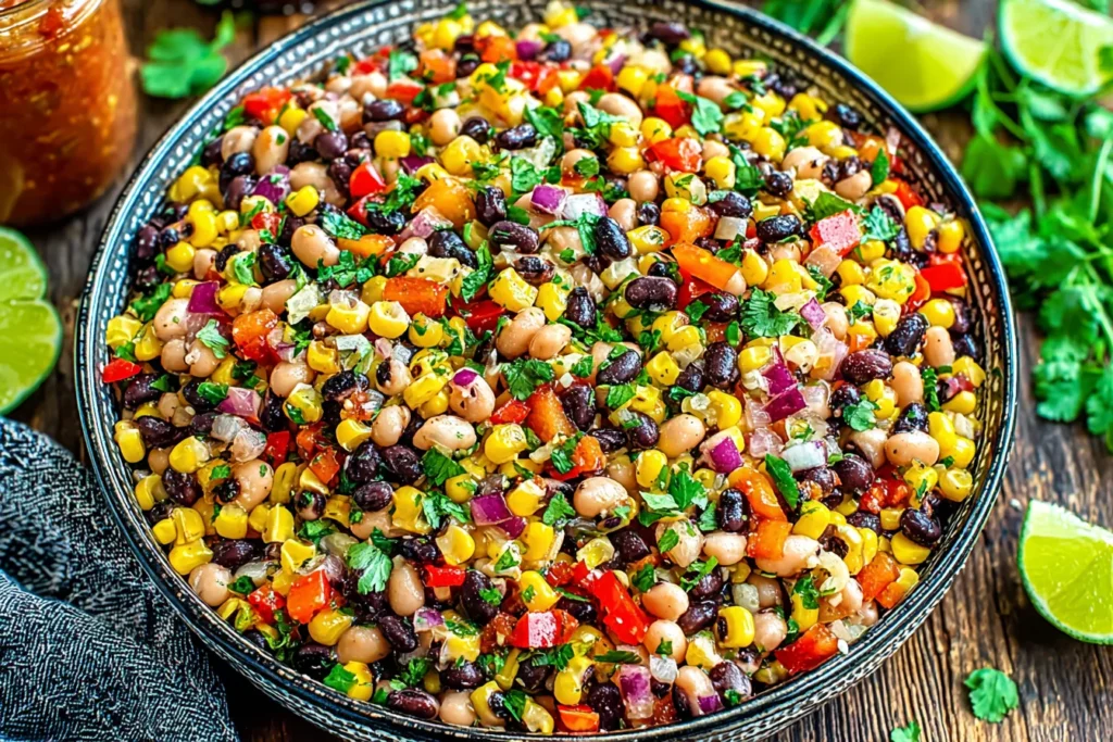 Cowboy Caviar fresh homemade dip with beans corn cilantro and peppers