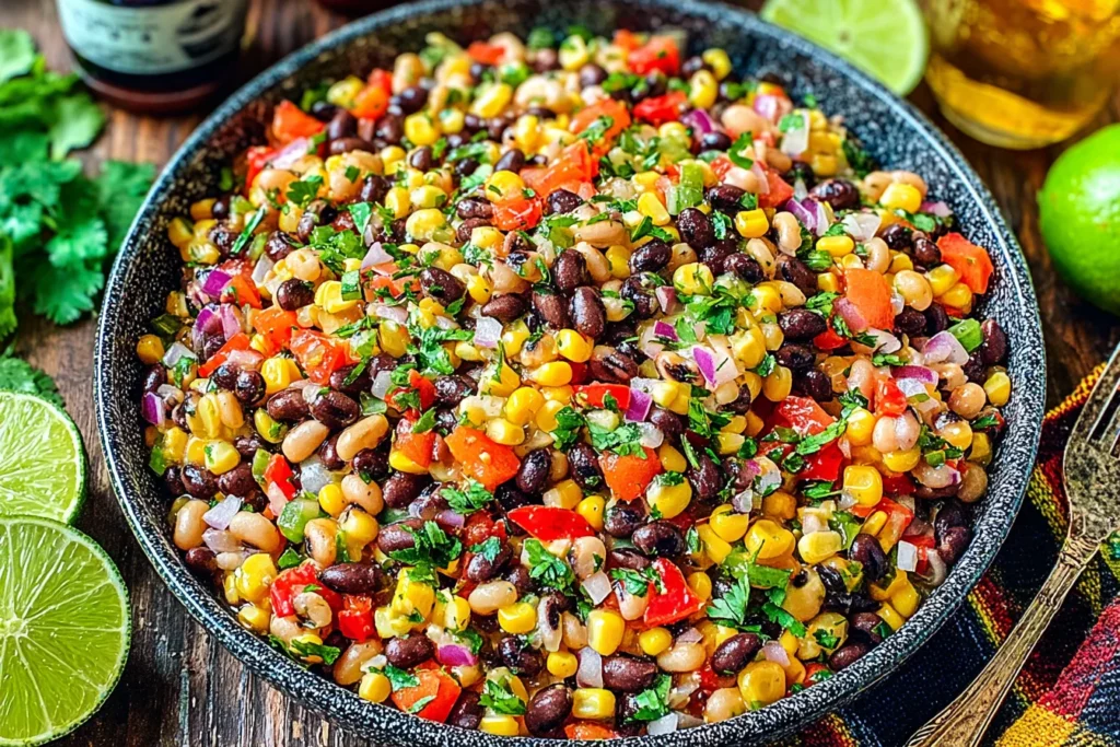 Cowboy Caviar colorful bean corn dip with fresh vegetables and lime