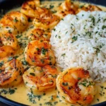 Creamy Garlic Shrimp with Rice plated with creamy sauce and seasoned shrimp