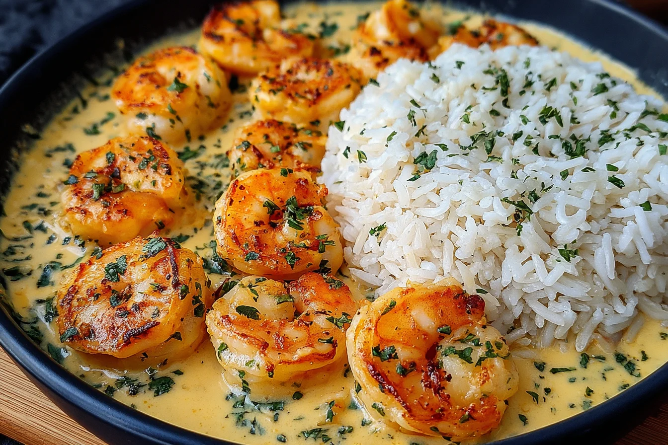 Creamy Garlic Shrimp with Rice plated with creamy sauce and seasoned shrimp