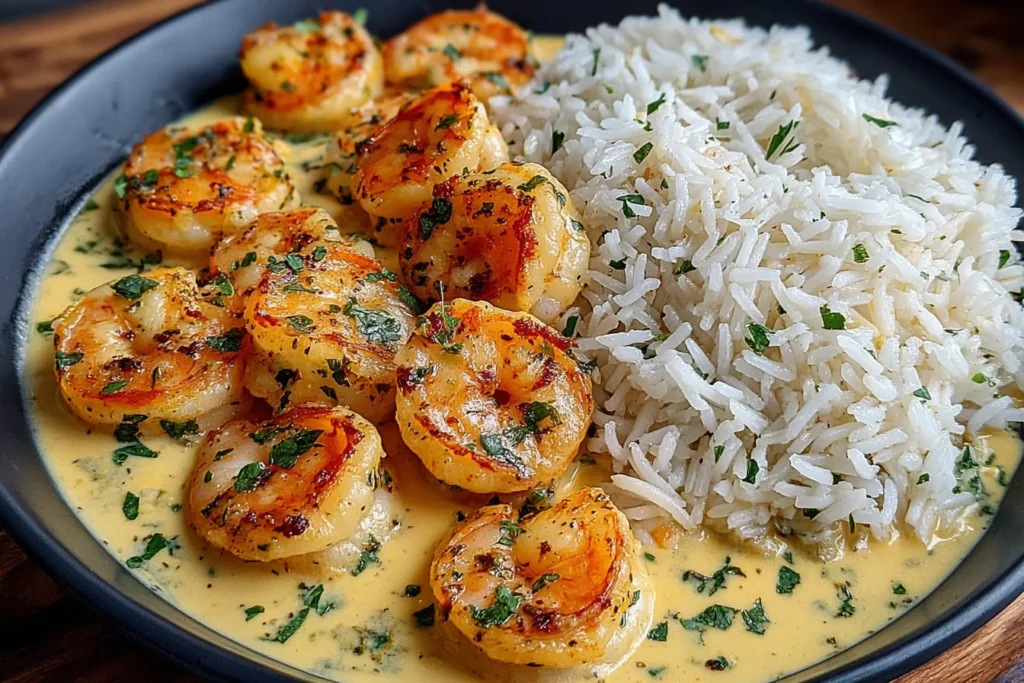 Creamy Garlic Shrimp with Rice served with buttery sauce and fluffy white rice