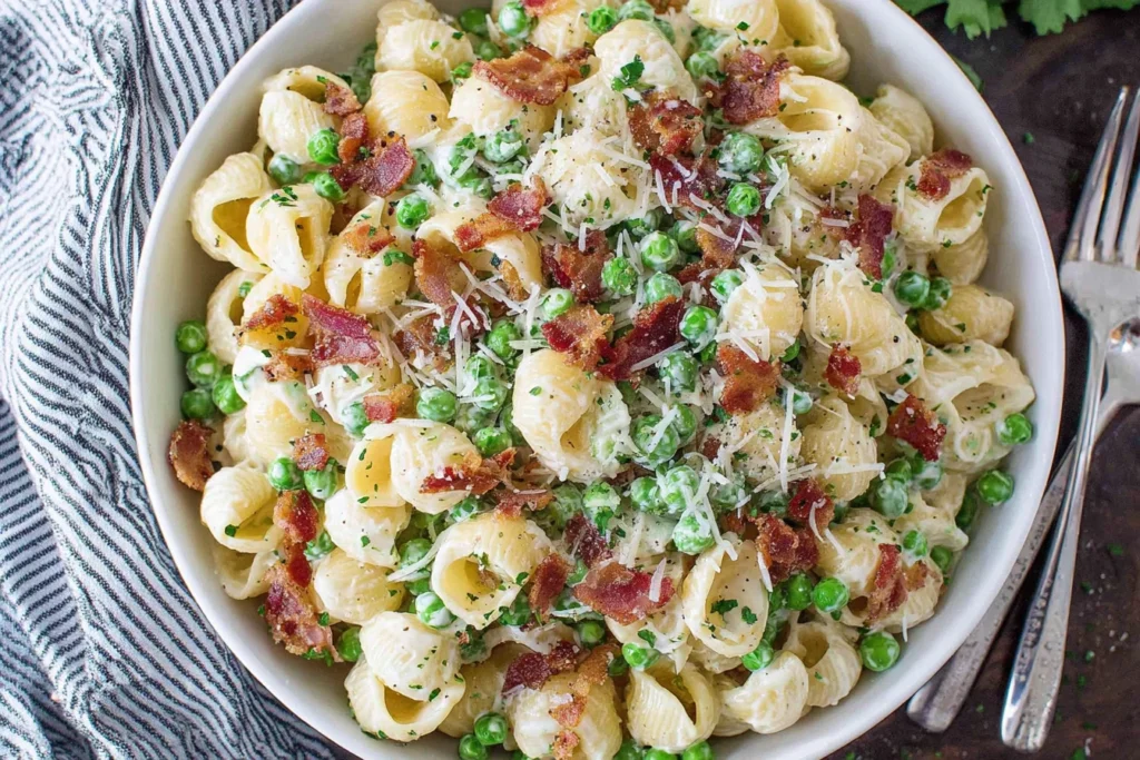Creamy Pasta Salad with shell pasta, bacon, peas, and parmesan cheese
