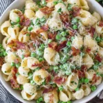 Creamy Pasta Salad with shell pasta, bacon, peas, and parmesan cheese
