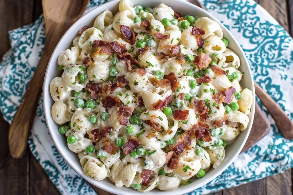 Creamy Pasta Salad topped with bacon bits and green peas in a serving bowl