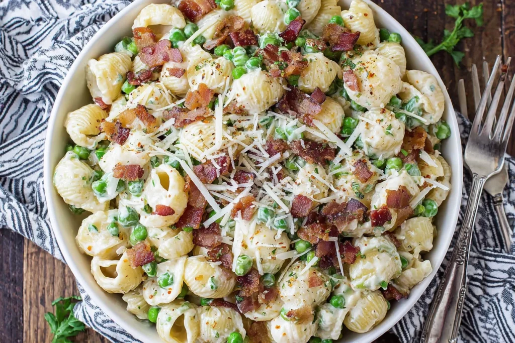 Creamy Pasta Salad with bacon, peas, and parmesan in a white bowl