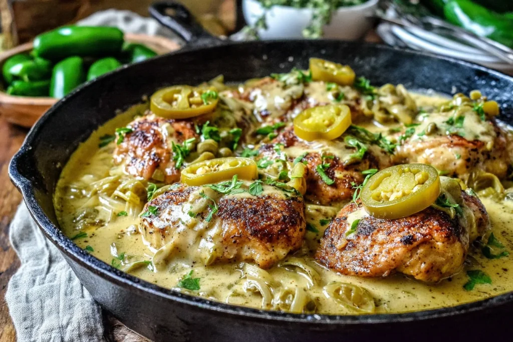 Creamy Pepperoncini Chicken Skillet Recipe served hot with tender chicken and sliced pepperoncini peppers