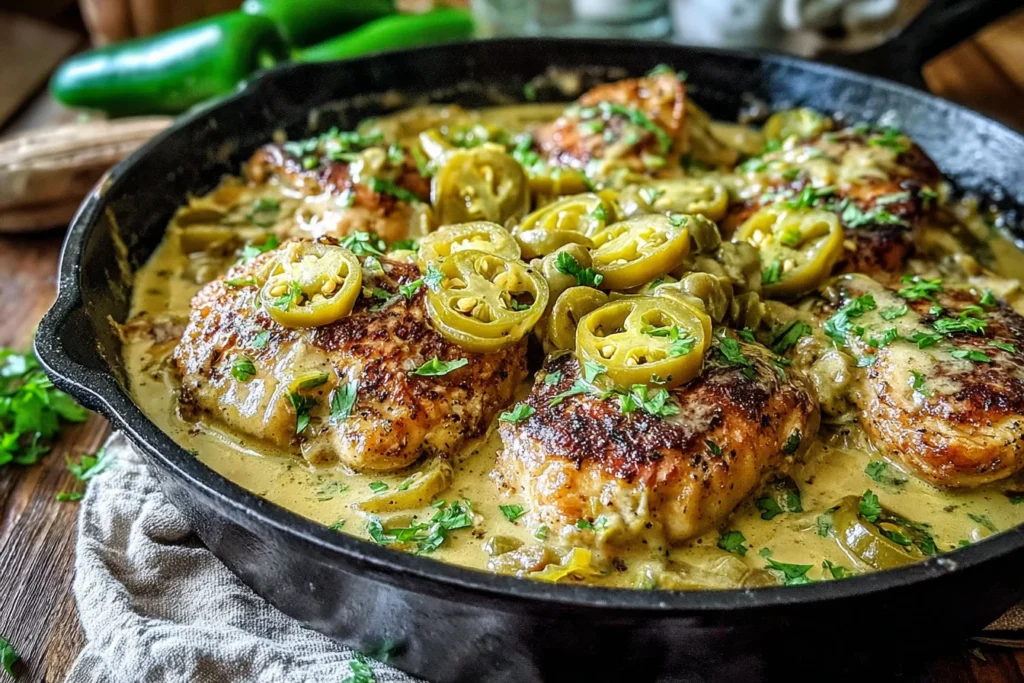 Creamy Pepperoncini Chicken Skillet Recipe with seared chicken and tangy peppers in a rich sauce
