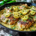 Creamy Pepperoncini Chicken Skillet Recipe with seared chicken and tangy peppers in a rich sauce